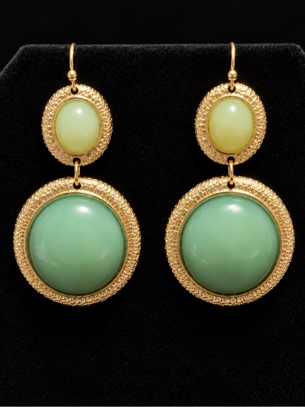 Gold Tone Sage Green Double Drop Statement Earrings